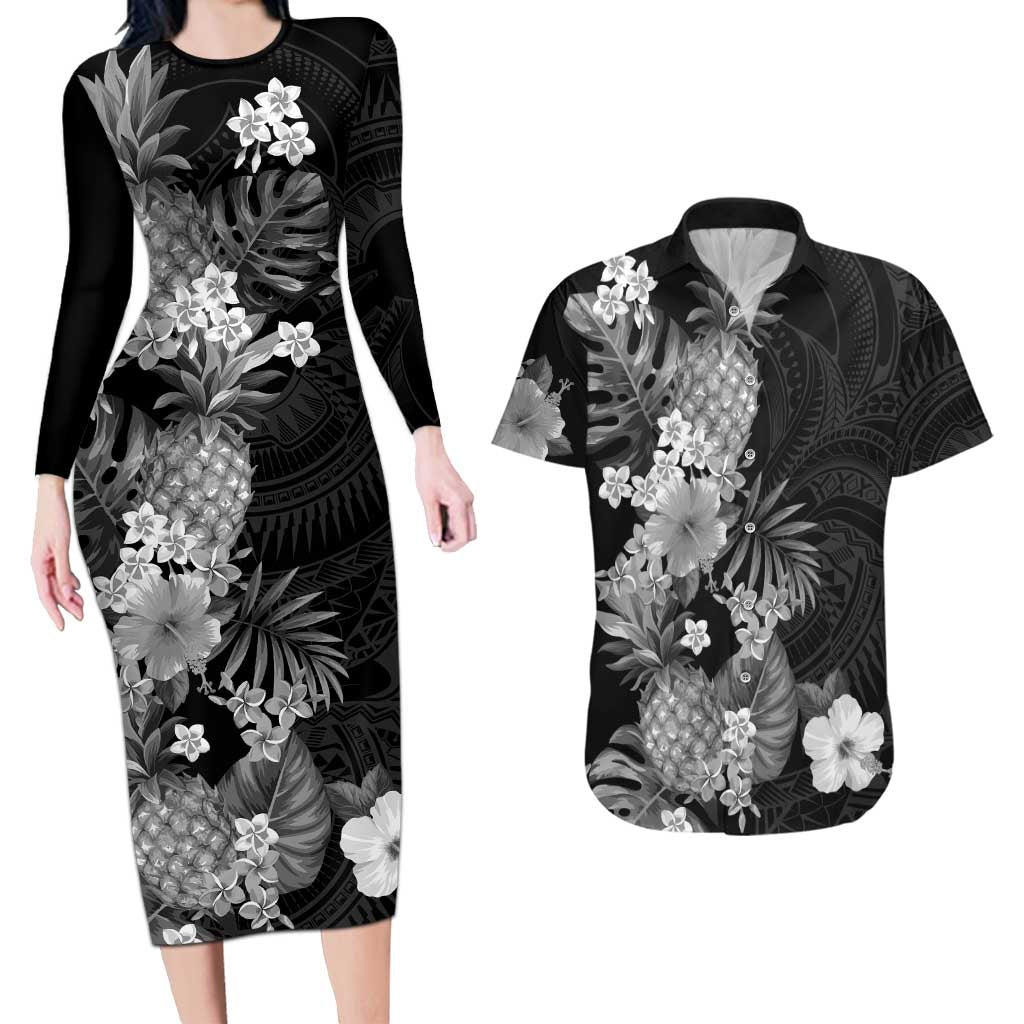 Hawaii Pineapple Tropical Couples Matching Long Sleeve Bodycon Dress and Hawaiian Shirt Neutral Hibiscus Plumeria