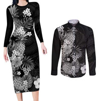 Hawaii Pineapple Tropical Couples Matching Long Sleeve Bodycon Dress and Long Sleeve Button Shirt Neutral Hibiscus Plumeria LT01 Black - Polynesian Pride