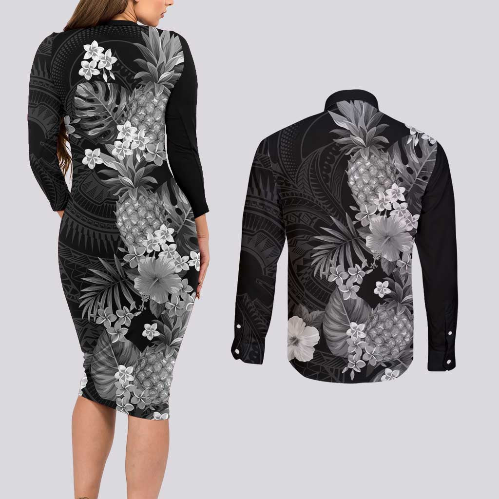 Hawaii Pineapple Tropical Couples Matching Long Sleeve Bodycon Dress and Long Sleeve Button Shirt Neutral Hibiscus Plumeria LT01 - Polynesian Pride