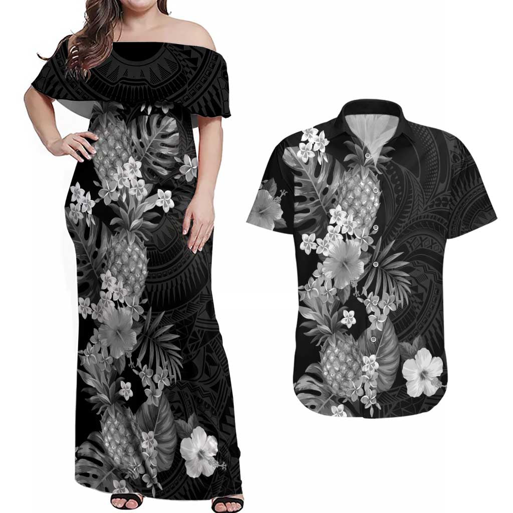 Hawaii Pineapple Tropical Couples Matching Off Shoulder Maxi Dress and Hawaiian Shirt Neutral Hibiscus Plumeria