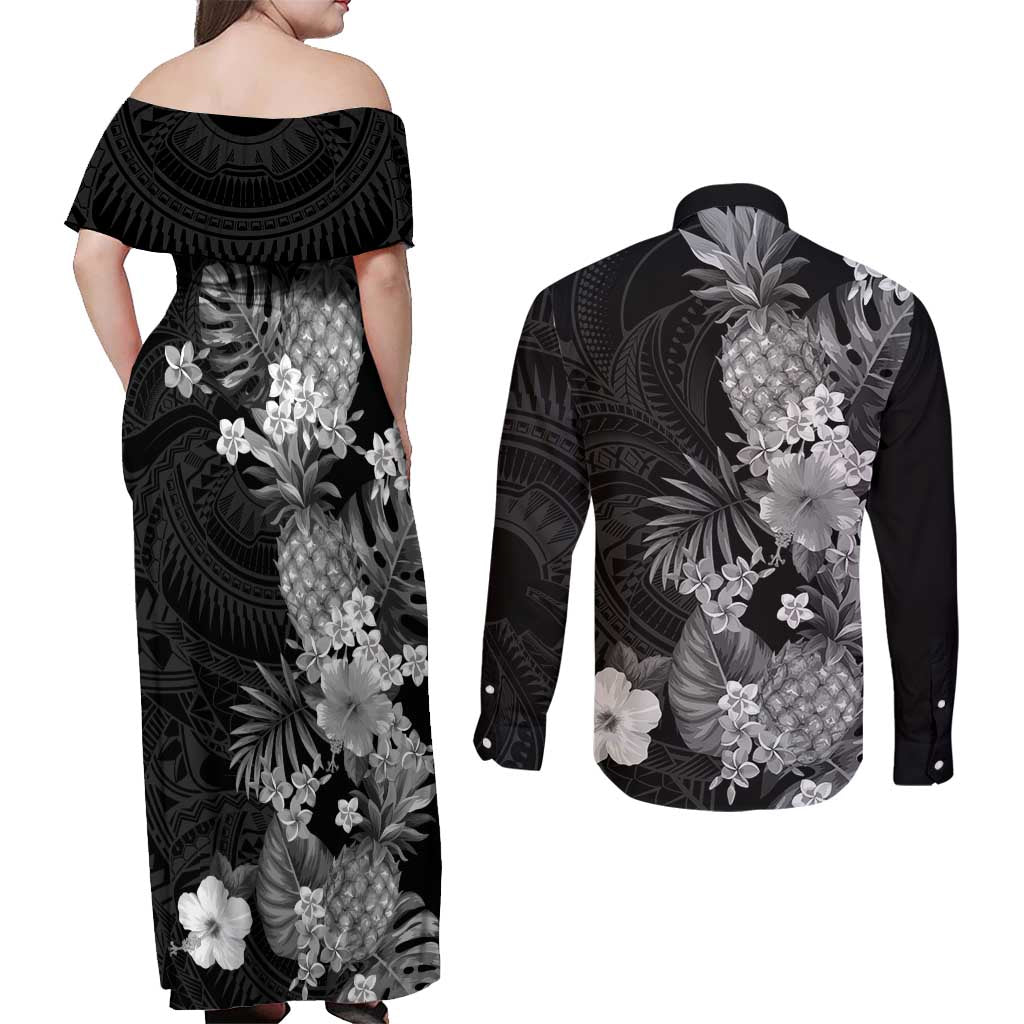 Hawaii Pineapple Tropical Couples Matching Off Shoulder Maxi Dress and Long Sleeve Button Shirt Neutral Hibiscus Plumeria LT01 - Polynesian Pride