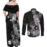 Hawaii Pineapple Tropical Couples Matching Off Shoulder Maxi Dress and Long Sleeve Button Shirt Neutral Hibiscus Plumeria LT01 - Polynesian Pride