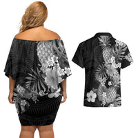 Hawaii Pineapple Tropical Couples Matching Off Shoulder Short Dress and Hawaiian Shirt Neutral Hibiscus Plumeria LT01 - Polynesian Pride