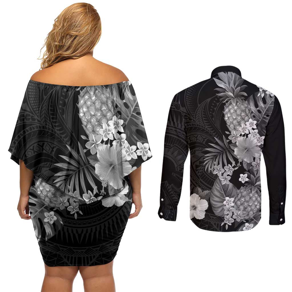Hawaii Pineapple Tropical Couples Matching Off Shoulder Short Dress and Long Sleeve Button Shirt Neutral Hibiscus Plumeria LT01 - Polynesian Pride