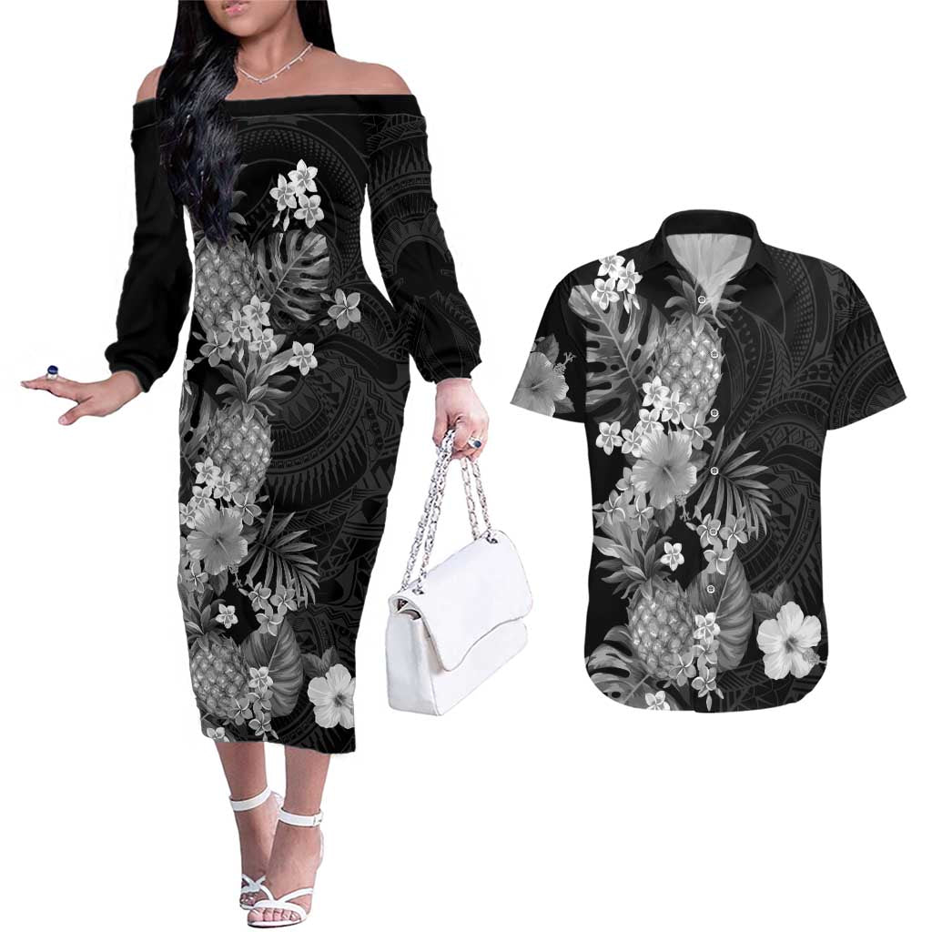 Hawaii Pineapple Tropical Couples Matching Off The Shoulder Long Sleeve Dress and Hawaiian Shirt Neutral Hibiscus Plumeria LT01 Black - Polynesian Pride