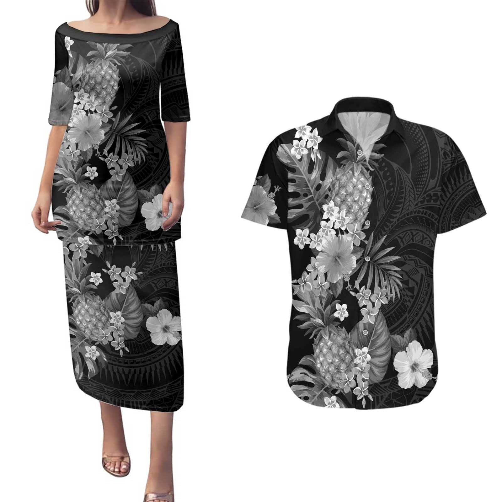Hawaii Pineapple Tropical Couples Matching Puletasi and Hawaiian Shirt Neutral Hibiscus Plumeria LT01 Black - Polynesian Pride