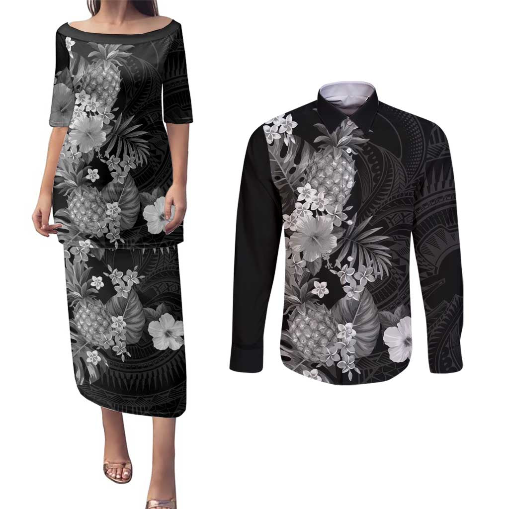 Hawaii Pineapple Tropical Couples Matching Puletasi and Long Sleeve Button Shirt Neutral Hibiscus Plumeria LT01 Black - Polynesian Pride