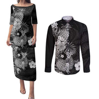 Hawaii Pineapple Tropical Couples Matching Puletasi and Long Sleeve Button Shirt Neutral Hibiscus Plumeria LT01 Black - Polynesian Pride