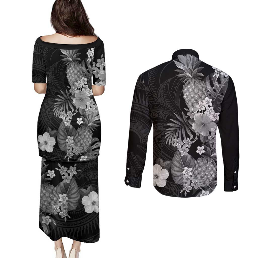 Hawaii Pineapple Tropical Couples Matching Puletasi and Long Sleeve Button Shirt Neutral Hibiscus Plumeria LT01 - Polynesian Pride