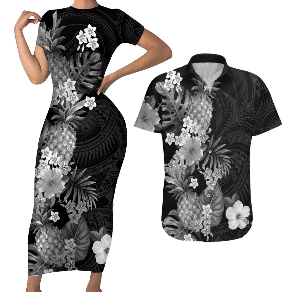 Hawaii Pineapple Tropical Couples Matching Short Sleeve Bodycon Dress and Hawaiian Shirt Neutral Hibiscus Plumeria LT01 Black - Polynesian Pride