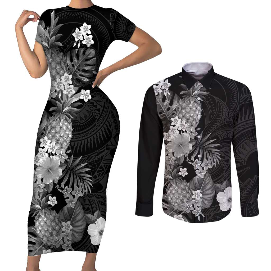 Hawaii Pineapple Tropical Couples Matching Short Sleeve Bodycon Dress and Long Sleeve Button Shirt Neutral Hibiscus Plumeria