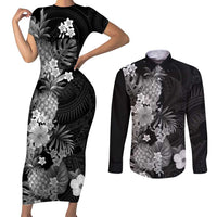 Hawaii Pineapple Tropical Couples Matching Short Sleeve Bodycon Dress and Long Sleeve Button Shirt Neutral Hibiscus Plumeria LT01 Black - Polynesian Pride