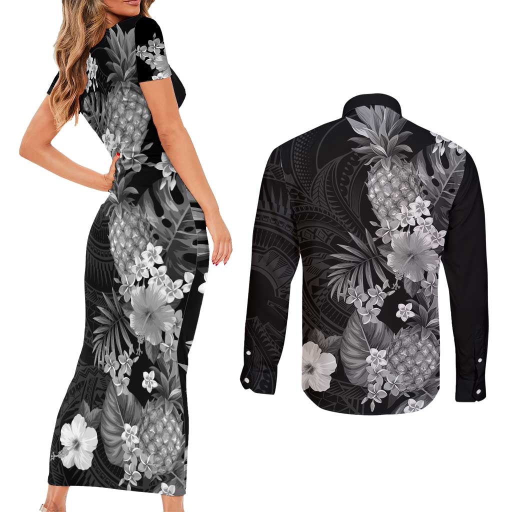 Hawaii Pineapple Tropical Couples Matching Short Sleeve Bodycon Dress and Long Sleeve Button Shirt Neutral Hibiscus Plumeria LT01 - Polynesian Pride