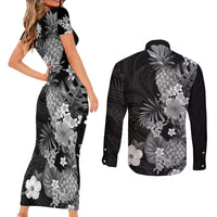 Hawaii Pineapple Tropical Couples Matching Short Sleeve Bodycon Dress and Long Sleeve Button Shirt Neutral Hibiscus Plumeria LT01 - Polynesian Pride
