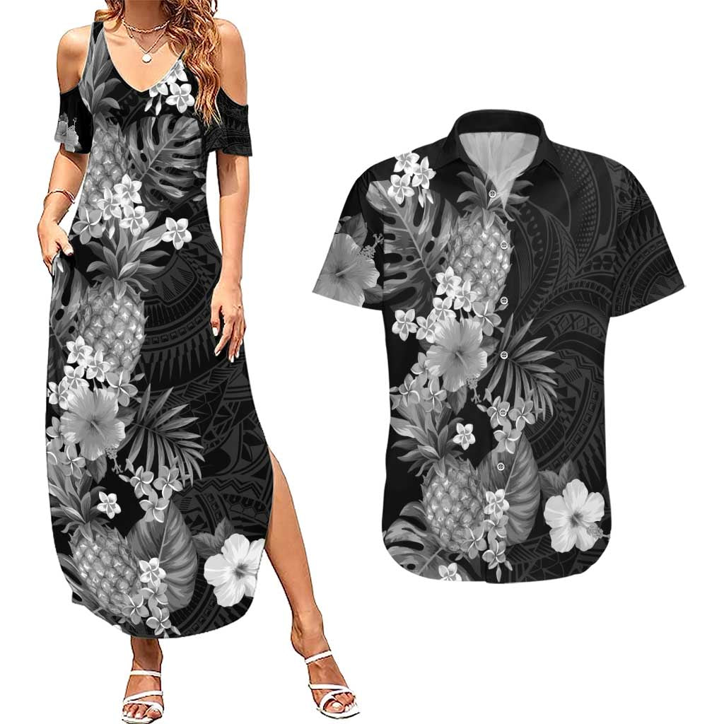Hawaii Pineapple Tropical Couples Matching Summer Maxi Dress and Hawaiian Shirt Neutral Hibiscus Plumeria LT01 Black - Polynesian Pride