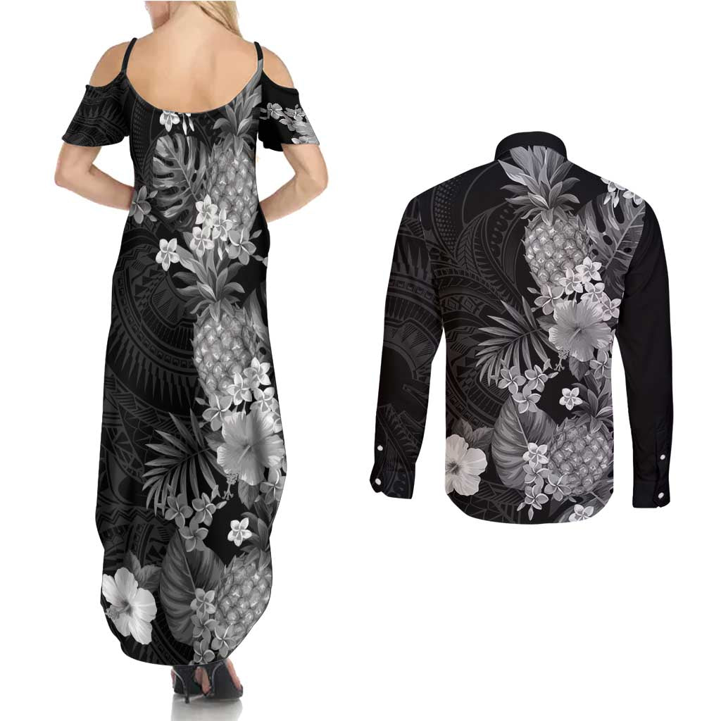 Hawaii Pineapple Tropical Couples Matching Summer Maxi Dress and Long Sleeve Button Shirt Neutral Hibiscus Plumeria
