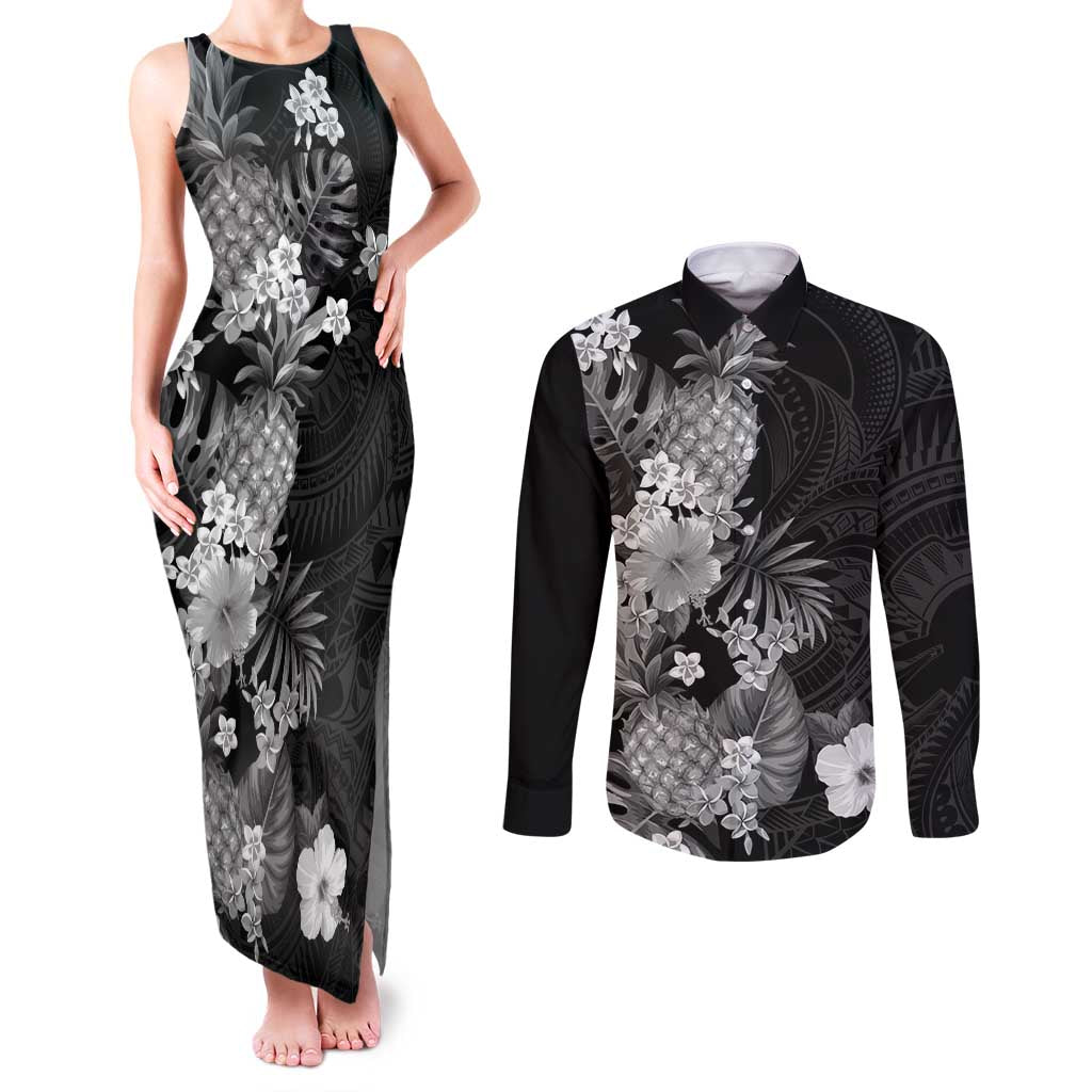 Hawaii Pineapple Tropical Couples Matching Tank Maxi Dress and Long Sleeve Button Shirt Neutral Hibiscus Plumeria LT01 Black - Polynesian Pride