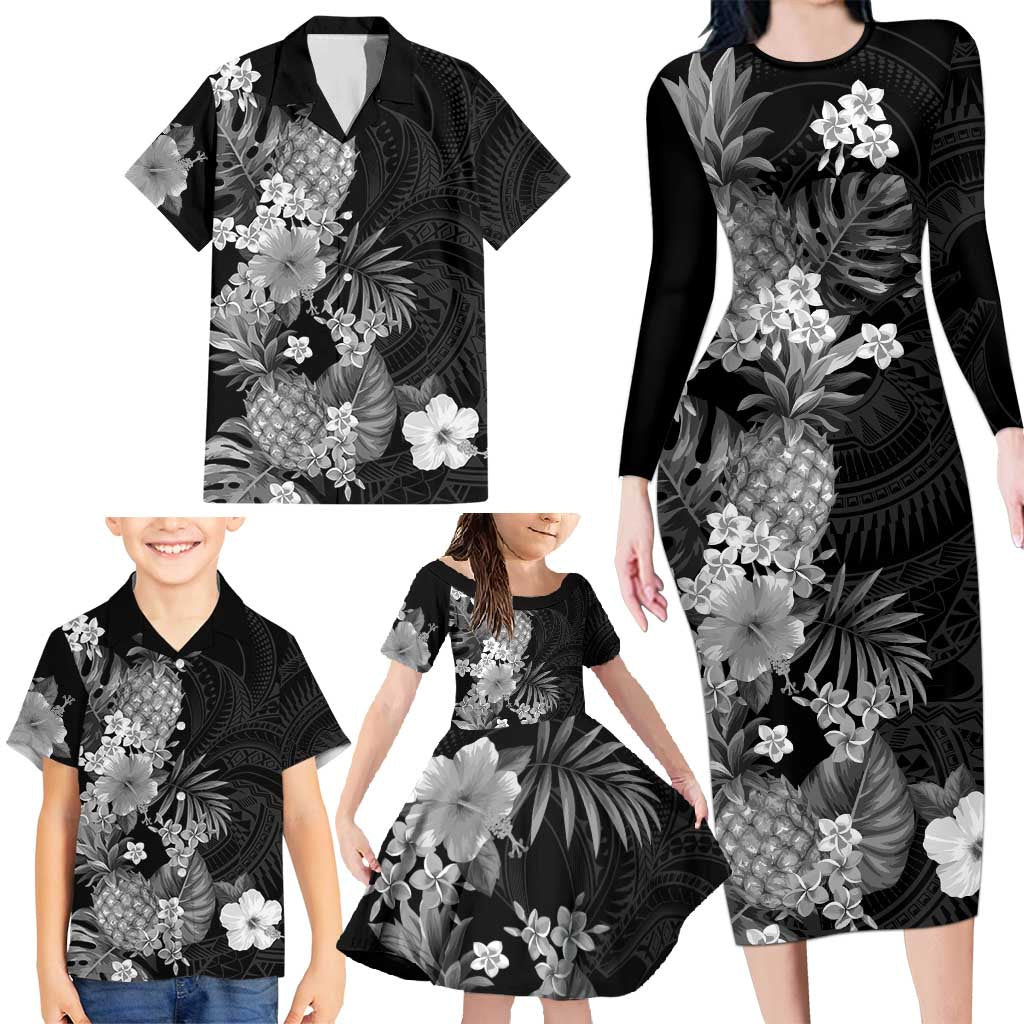 Hawaii Pineapple Tropical Family Matching Long Sleeve Bodycon Dress and Hawaiian Shirt Neutral Hibiscus Plumeria