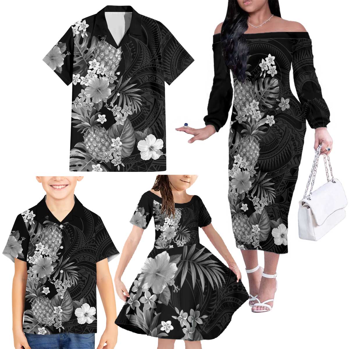 Hawaii Pineapple Tropical Family Matching Off The Shoulder Long Sleeve Dress and Hawaiian Shirt Neutral Hibiscus Plumeria