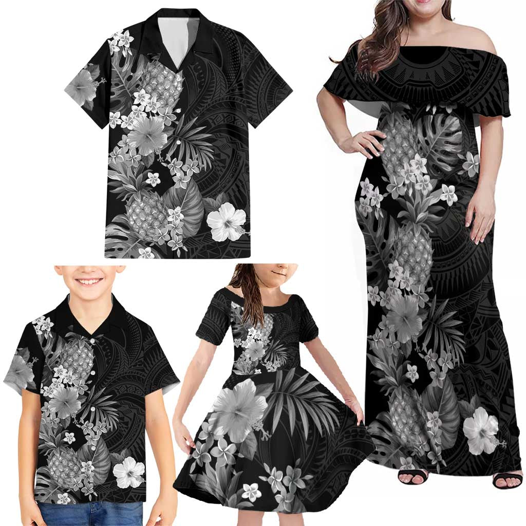 Hawaii Pineapple Tropical Family Matching Off Shoulder Maxi Dress and Hawaiian Shirt Neutral Hibiscus Plumeria