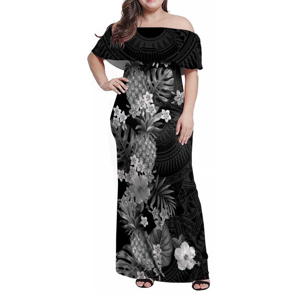 Hawaii Pineapple Tropical Family Matching Off Shoulder Maxi Dress and Hawaiian Shirt Neutral Hibiscus Plumeria