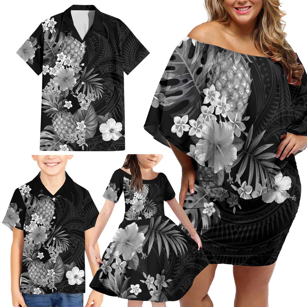 Hawaii Pineapple Tropical Family Matching Off Shoulder Short Dress and Hawaiian Shirt Neutral Hibiscus Plumeria