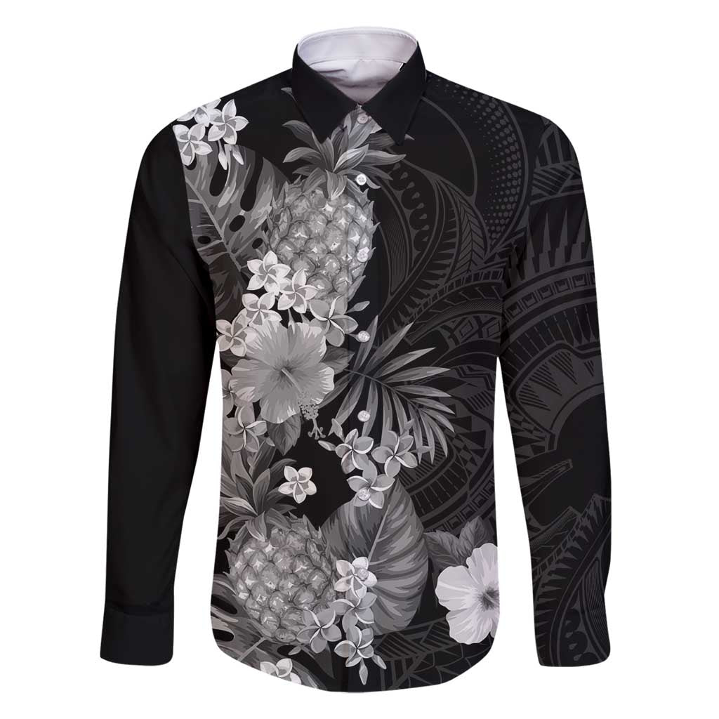 Hawaii Pineapple Tropical Family Matching Tank Maxi Dress and Hawaiian Shirt Neutral Hibiscus Plumeria LT01 Dad's Shirt - Long Sleeve Black - Polynesian Pride