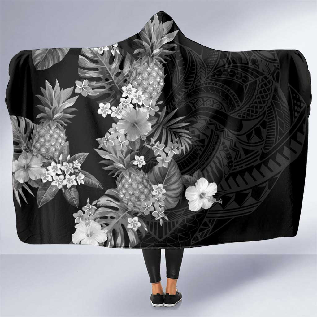 Hawaii Pineapple Tropical Hooded Blanket Neutral Hibiscus Plumeria LT01 One Size Black - Polynesian Pride