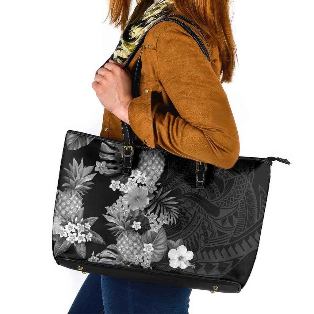 Hawaii Pineapple Tropical Leather Tote Bag Neutral Hibiscus Plumeria LT01 Black - Polynesian Pride