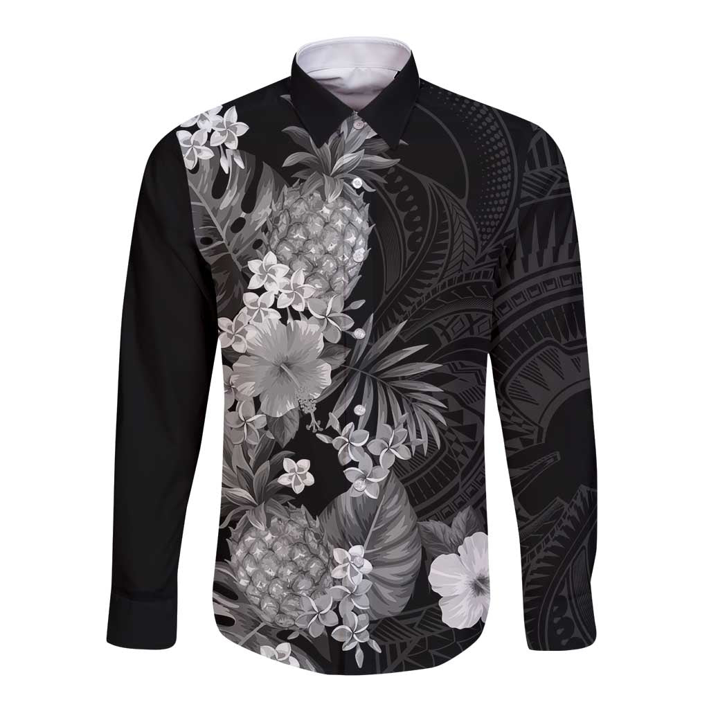 Hawaii Pineapple Tropical Long Sleeve Button Shirt Neutral Hibiscus Plumeria