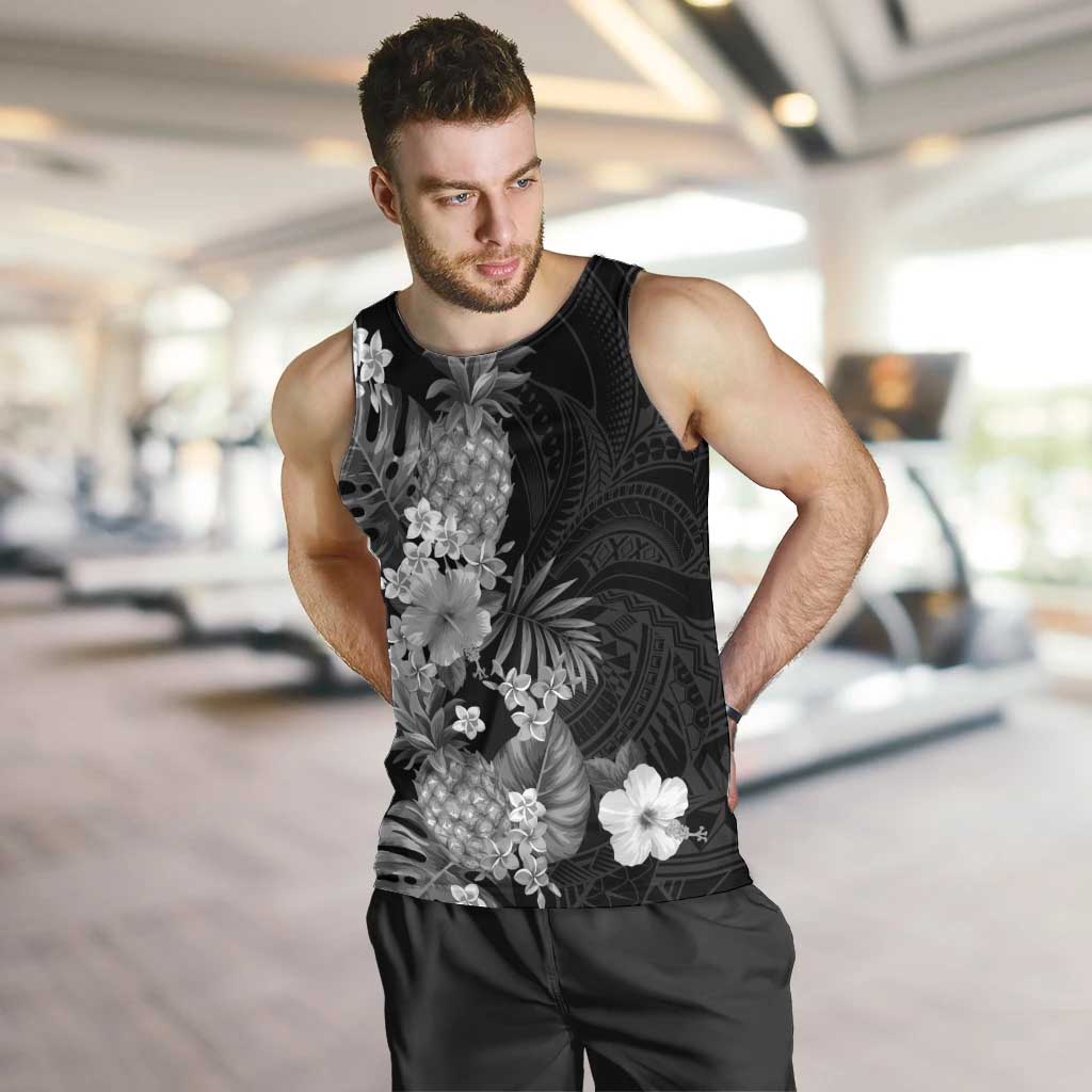 Hawaii Pineapple Tropical Men Tank Top Neutral Hibiscus Plumeria LT01 Black - Polynesian Pride