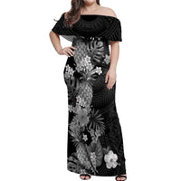 Hawaii Pineapple Tropical Off Shoulder Maxi Dress Neutral Hibiscus Plumeria LT01 Women Black - Polynesian Pride