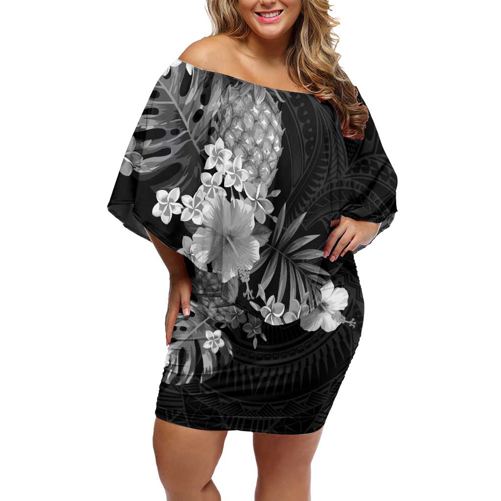 Hawaii Pineapple Tropical Off Shoulder Short Dress Neutral Hibiscus Plumeria LT01 Women Black - Polynesian Pride