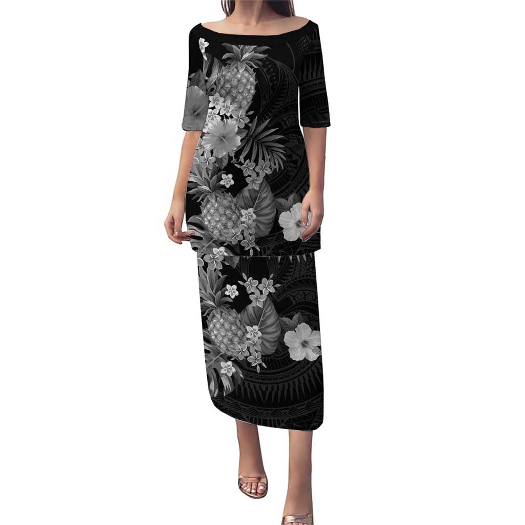 Hawaii Pineapple Tropical Puletasi Neutral Hibiscus Plumeria LT01 Long Dress Black - Polynesian Pride