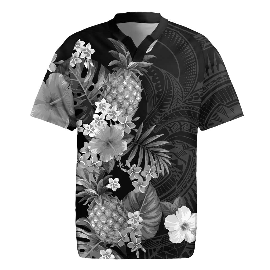 Hawaii Pineapple Tropical Rugby Jersey Neutral Hibiscus Plumeria LT01 Black - Polynesian Pride