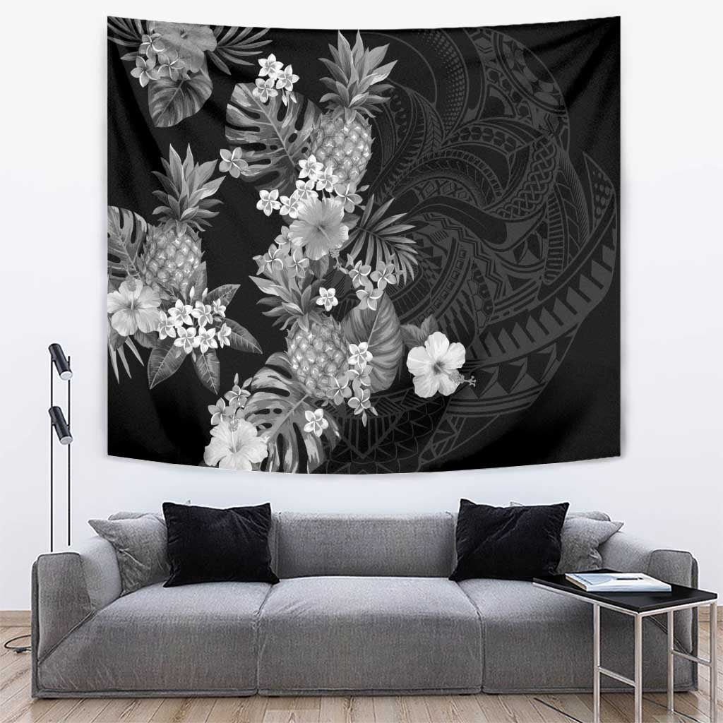 Hawaii Pineapple Tropical Tapestry Neutral Hibiscus Plumeria LT01 Black - Polynesian Pride