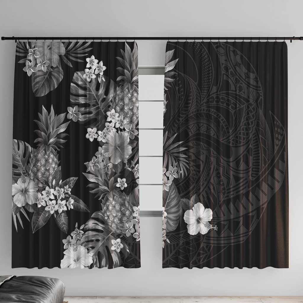 Hawaii Pineapple Tropical Window Curtain Neutral Hibiscus Plumeria LT01 With Hooks Black - Polynesian Pride