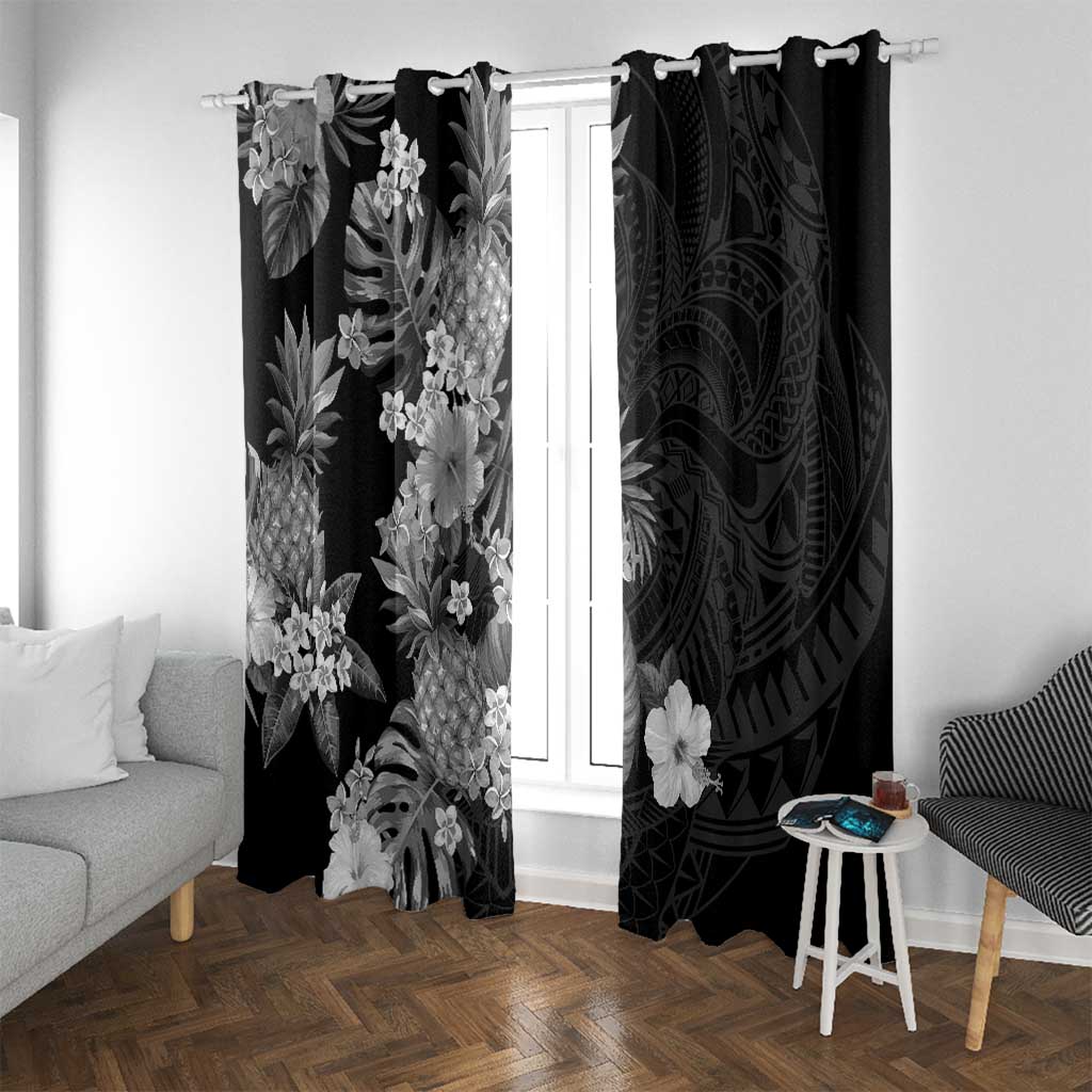 Hawaii Pineapple Tropical Window Curtain Neutral Hibiscus Plumeria LT01 With Grommets Black - Polynesian Pride