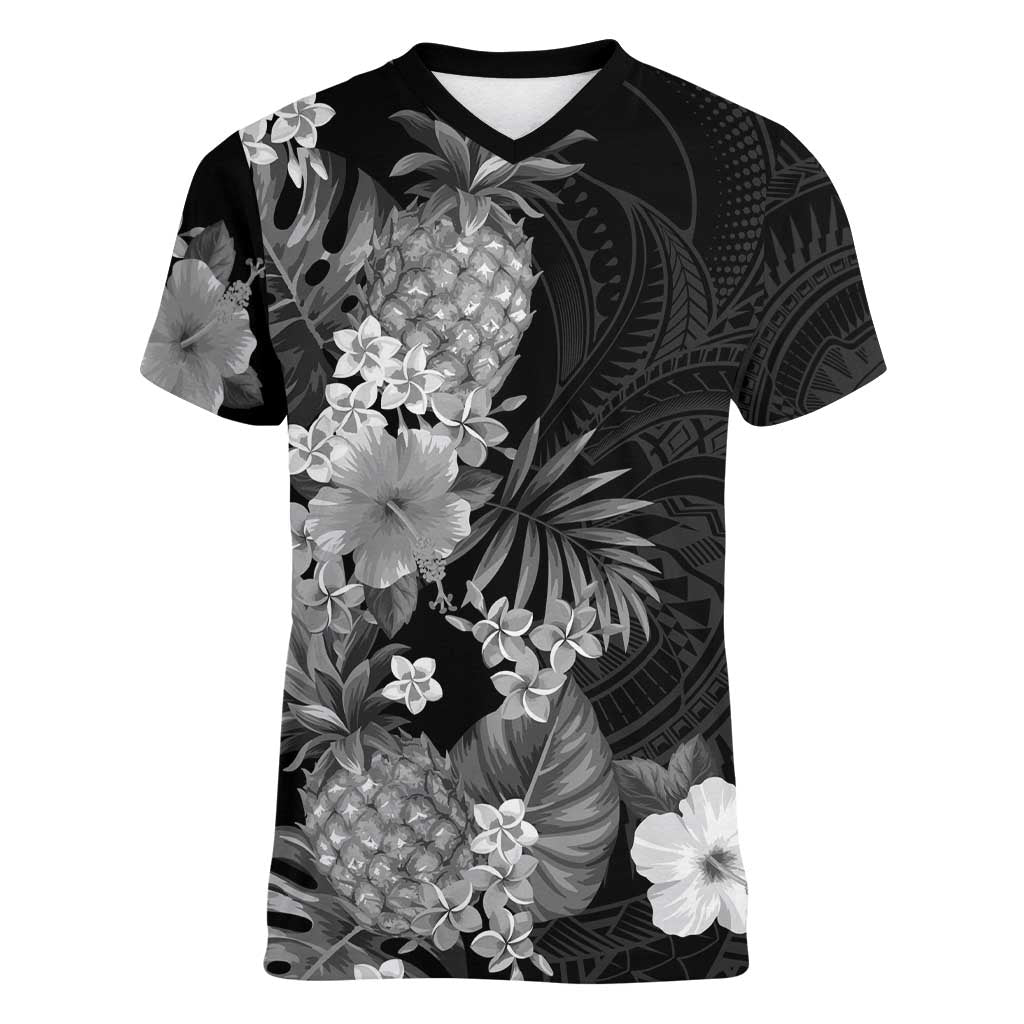 Hawaii Pineapple Tropical Women V-Neck T-Shirt Neutral Hibiscus Plumeria LT01 Female Black - Polynesian Pride