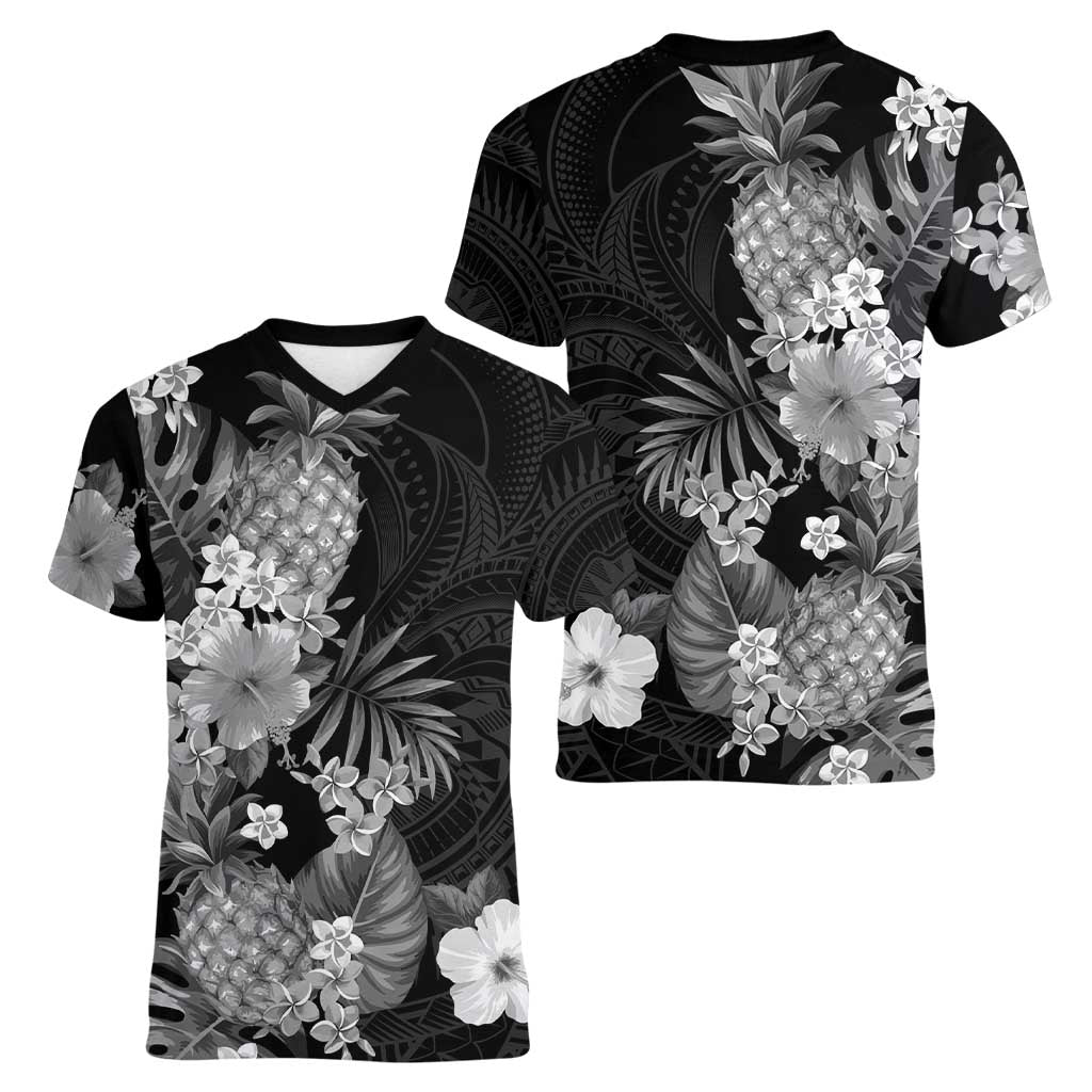Hawaii Pineapple Tropical Women V-Neck T-Shirt Neutral Hibiscus Plumeria LT01 - Polynesian Pride