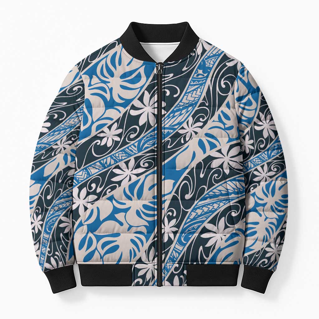 Ninamu Tahiti Tiare Monstera Bomber Puffer Jacket Polynesian Pattern Curve Style - Polynesian Pride