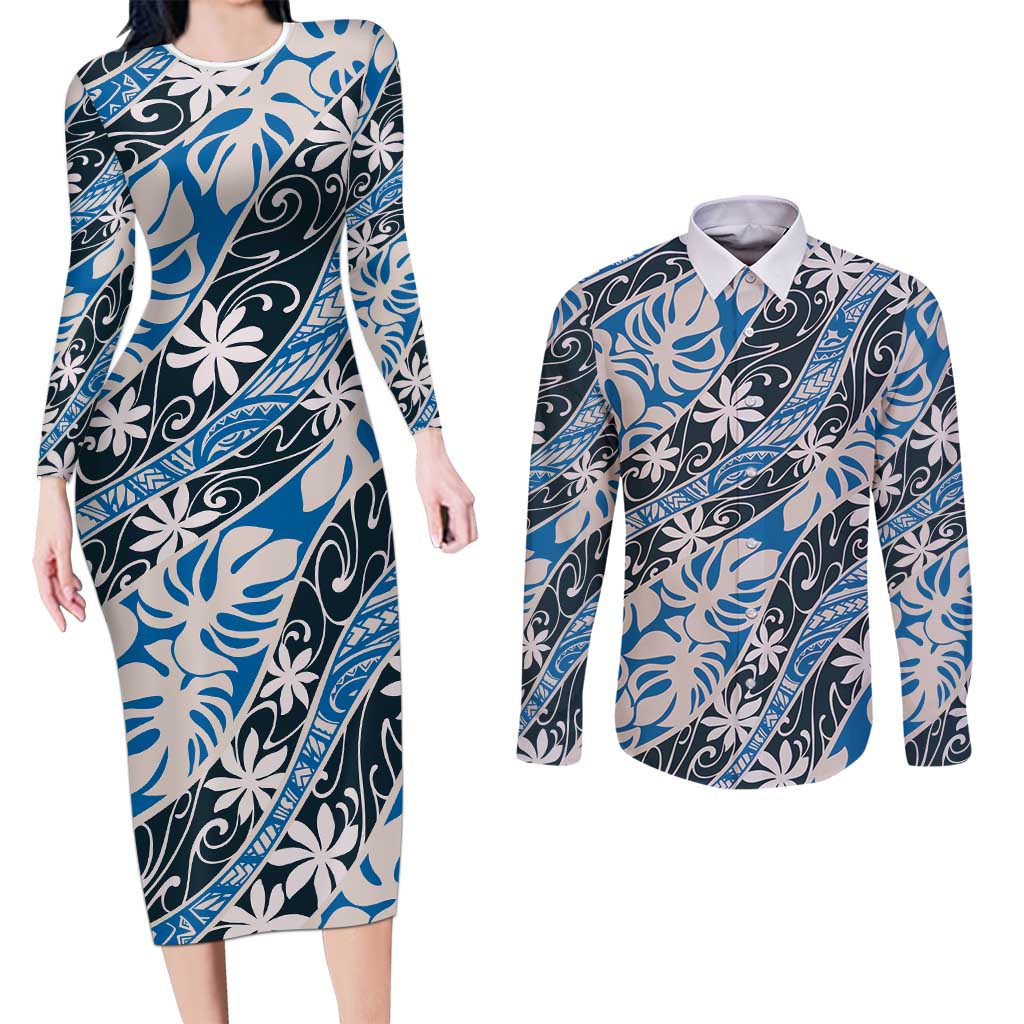 Ninamu Tahiti Tiare Monstera Couples Matching Long Sleeve Bodycon Dress and Long Sleeve Button Shirt Polynesian Pattern Curve Style - Polynesian Pride