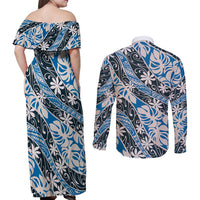 Ninamu Tahiti Tiare Monstera Couples Matching Off Shoulder Maxi Dress and Long Sleeve Button Shirt Polynesian Pattern Curve Style - Polynesian Pride