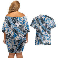 Ninamu Tahiti Tiare Monstera Couples Matching Off Shoulder Short Dress and Hawaiian Shirt Polynesian Pattern Curve Style - Polynesian Pride