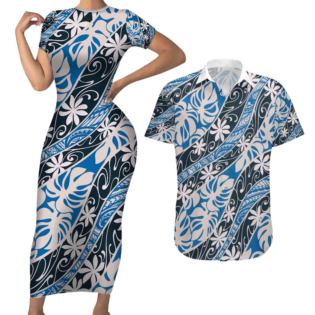 Ninamu Tahiti Tiare Monstera Couples Matching Short Sleeve Bodycon Dress and Hawaiian Shirt Polynesian Pattern Curve Style - Polynesian Pride