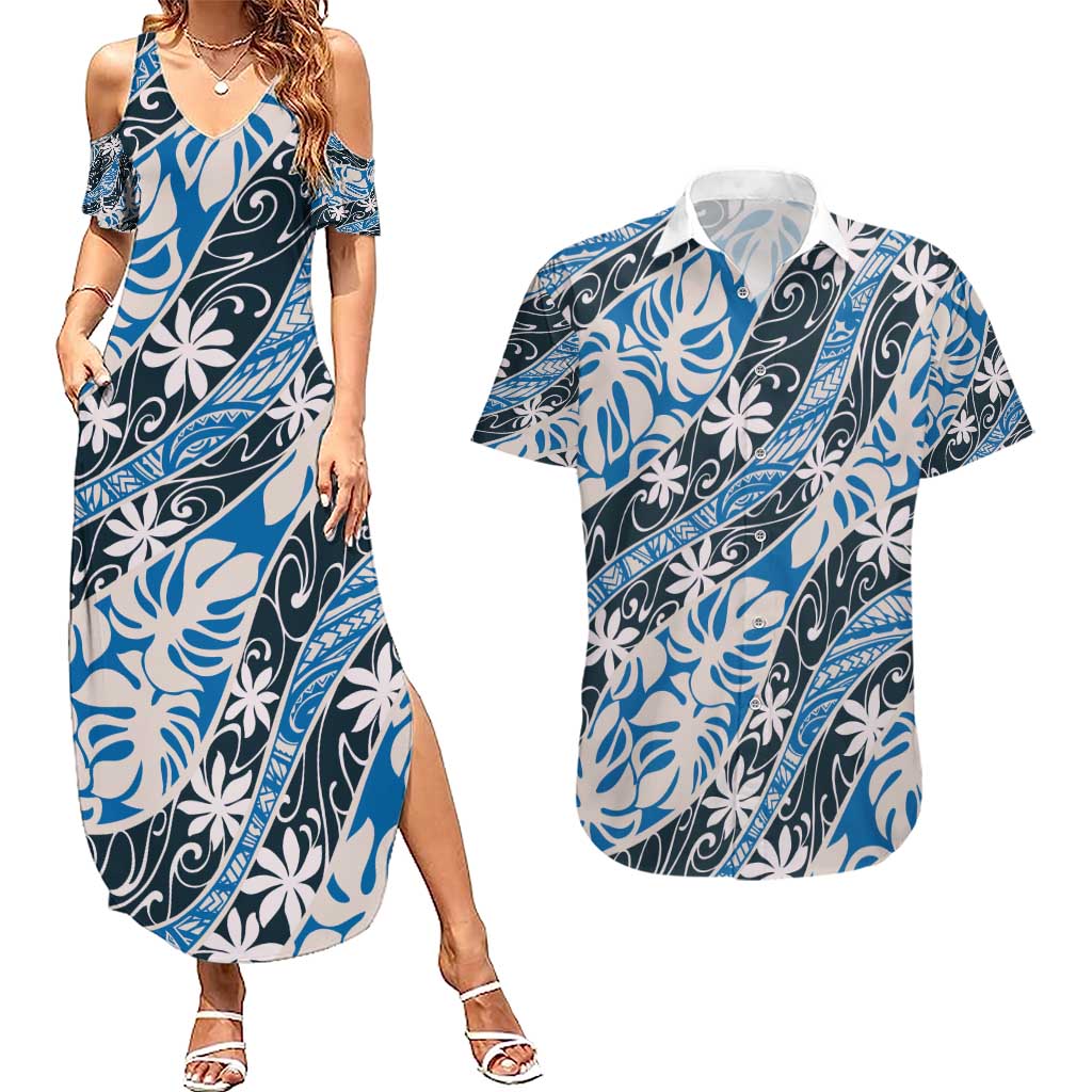 Ninamu Tahiti Tiare Monstera Couples Matching Summer Maxi Dress and Hawaiian Shirt Polynesian Pattern Curve Style - Polynesian Pride