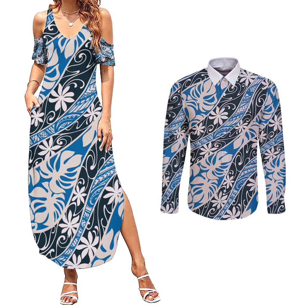 Ninamu Tahiti Tiare Monstera Couples Matching Summer Maxi Dress and Long Sleeve Button Shirt Polynesian Pattern Curve Style - Polynesian Pride