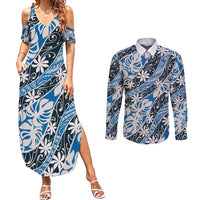 Ninamu Tahiti Tiare Monstera Couples Matching Summer Maxi Dress and Long Sleeve Button Shirt Polynesian Pattern Curve Style - Polynesian Pride