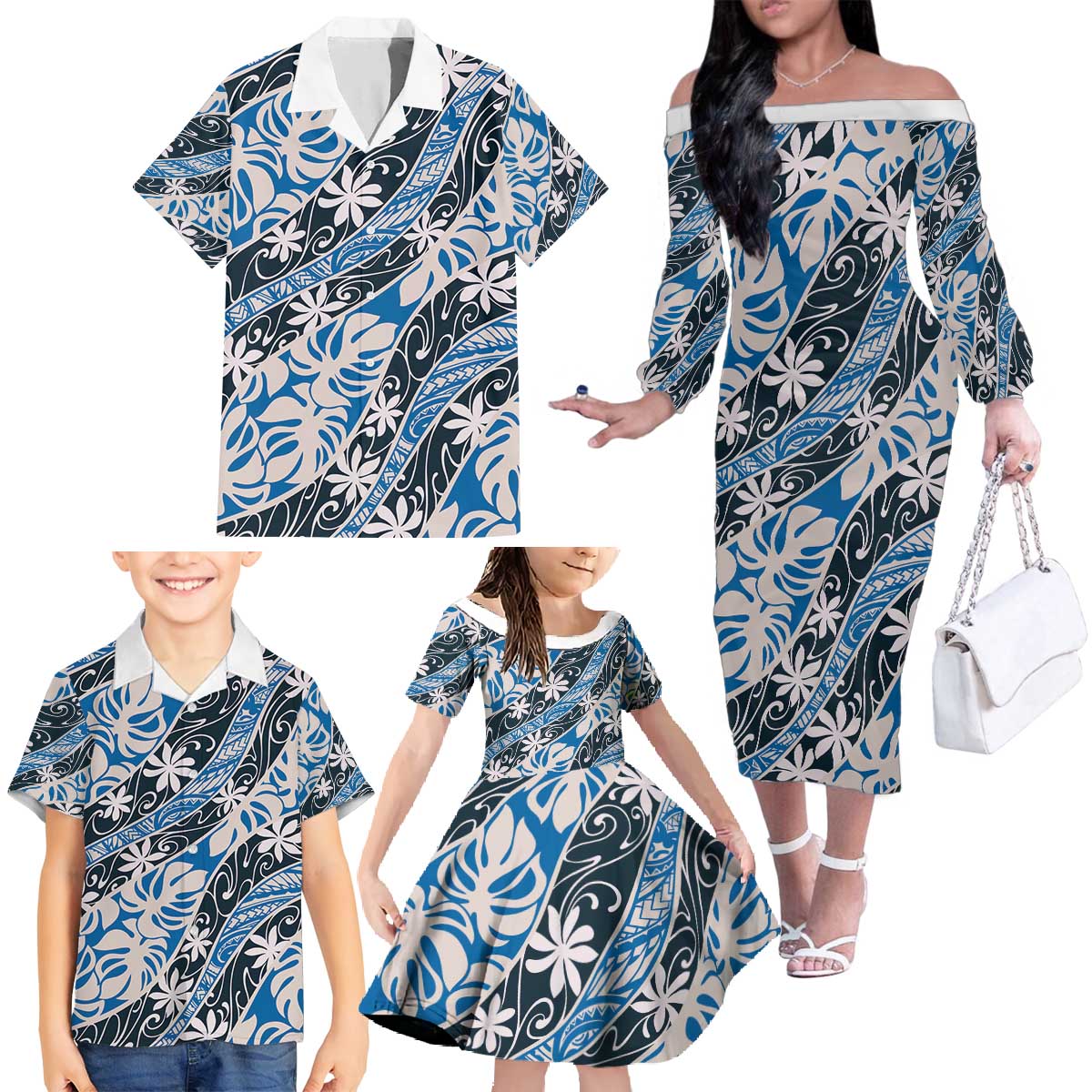 Ninamu Tahiti Tiare Monstera Family Matching Off The Shoulder Long Sleeve Dress and Hawaiian Shirt Polynesian Pattern Curve Style - Polynesian Pride