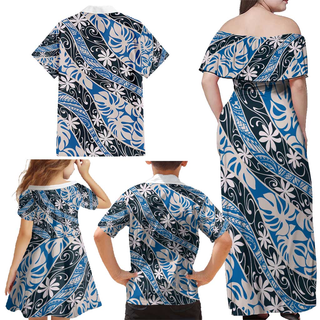 Ninamu Tahiti Tiare Monstera Family Matching Off Shoulder Maxi Dress and Hawaiian Shirt Polynesian Pattern Curve Style - Polynesian Pride